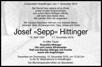 Anzeige von Josef Hittinger von Reutlinger Generalanzeiger