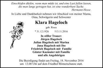 Anzeige von Klara Hageloch von Reutlinger Generalanzeiger