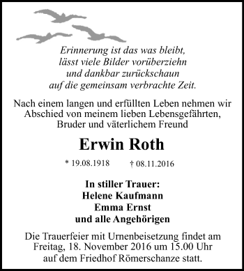 Anzeige von Erwin Roth von Reutlinger Generalanzeiger