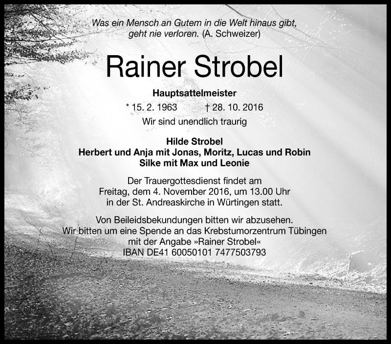  Traueranzeige für Rainer Strobel vom 02.11.2016 aus Reutlinger Generalanzeiger
