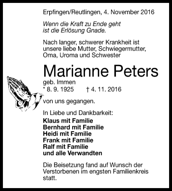 Anzeige von Marianne Peters von Reutlinger Generalanzeiger
