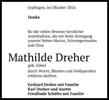 Anzeige von Mathilde Dreher von Reutlinger Generalanzeiger