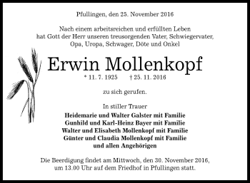 Anzeige von Erwin Mollenkopf von Reutlinger Generalanzeiger