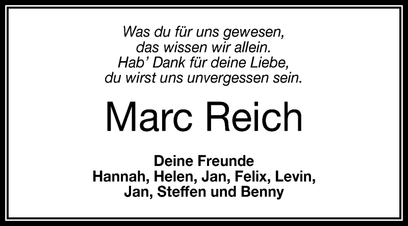  Traueranzeige für Marc Reich vom 18.11.2016 aus Reutlinger Generalanzeiger