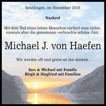 Anzeige von Michael J. von Haefen von Reutlinger Generalanzeiger