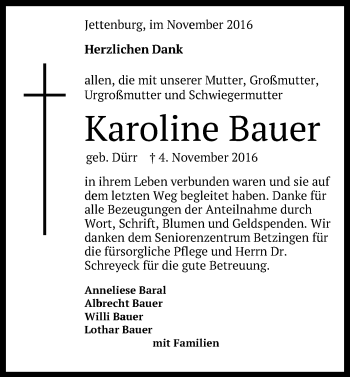 Anzeige von Karoline Bauer von Reutlinger Generalanzeiger