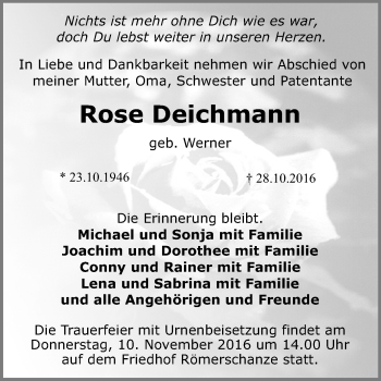 Anzeige von Rose Deichmann von Reutlinger Generalanzeiger