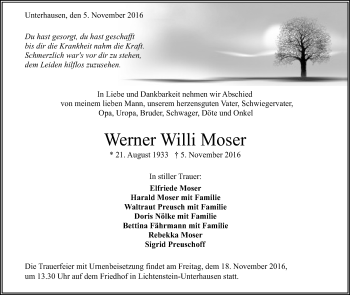 Anzeige von Werner Willi Moser von Reutlinger Generalanzeiger