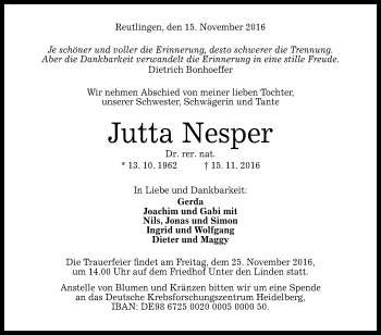 Anzeige von Jutta Nesper von Reutlinger Generalanzeiger