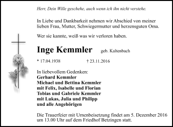 Anzeige von Inge Kemmler von Reutlinger Generalanzeiger