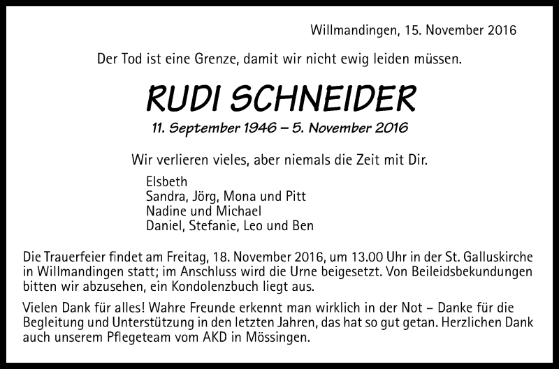  Traueranzeige für Rudi Schneider vom 16.11.2016 aus Reutlinger Generalanzeiger