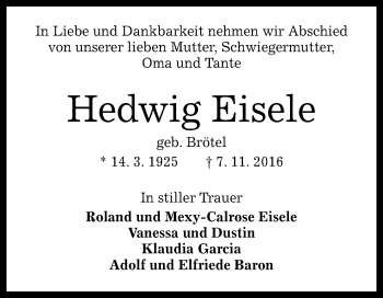 Anzeige von Hedwig Eisele von Reutlinger Generalanzeiger