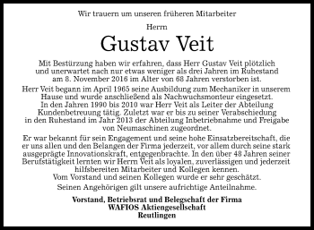 Anzeige von Gustav Veit von Reutlinger Generalanzeiger