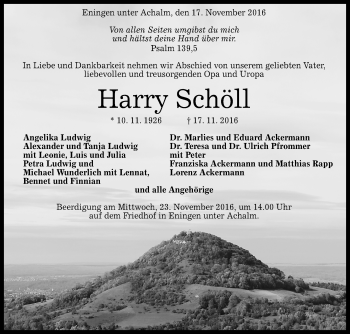 Anzeige von Harry Schöll von Reutlinger Generalanzeiger