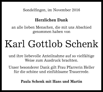 Anzeige von Karl Gottlob Schenk von Reutlinger Generalanzeiger