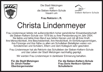 Anzeige von Christa Lindenmeyer von Reutlinger Generalanzeiger