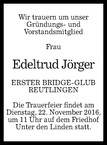 Anzeige von Edeltrud Jörger von Reutlinger Generalanzeiger