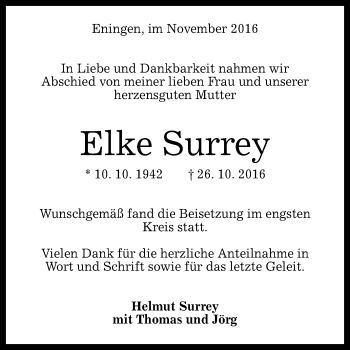 Anzeige von Elke Surrey von Reutlinger Generalanzeiger