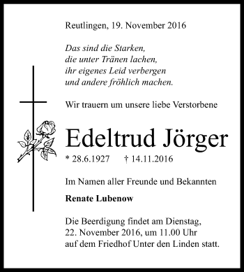 Anzeige von Edeltrud Jörger von Reutlinger Generalanzeiger