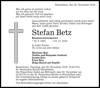 Anzeige von Stefan Betz von Reutlinger Generalanzeiger