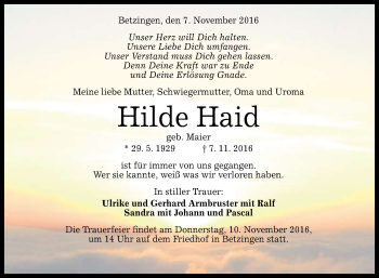 Anzeige von Hilde Haid von Reutlinger Generalanzeiger