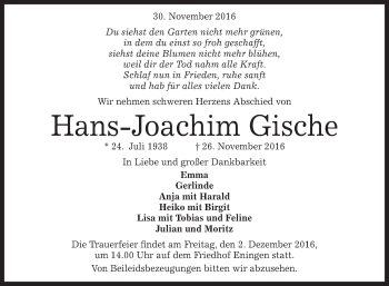 Anzeige von Hans-Joachim Gische von Reutlinger Generalanzeiger