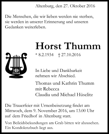 Anzeige von Horst Thumm von Reutlinger Generalanzeiger