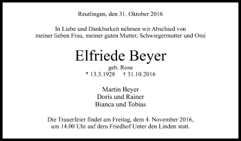 Anzeige von Elfriede Beyer von Reutlinger Generalanzeiger