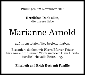 Anzeige von Marianne Arnold von Reutlinger Generalanzeiger