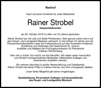 Anzeige von Rainer Strobel von Reutlinger Generalanzeiger