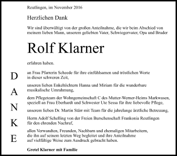 Anzeige von Rolf Klarner von Reutlinger Generalanzeiger