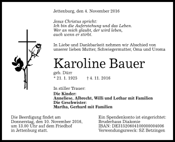 Anzeige von Karoline Bauer von Reutlinger Generalanzeiger