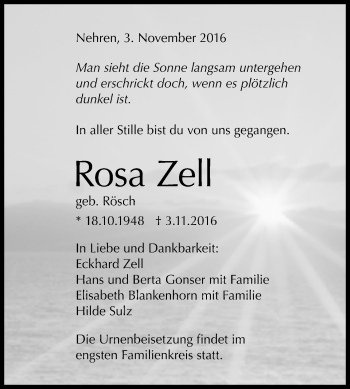 Anzeige von Rosa Zell von Reutlinger Generalanzeiger