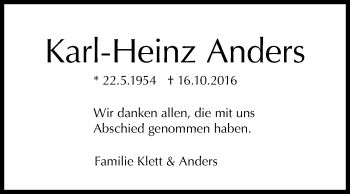 Anzeige von Karl-Heinz Anders von Reutlinger Generalanzeiger