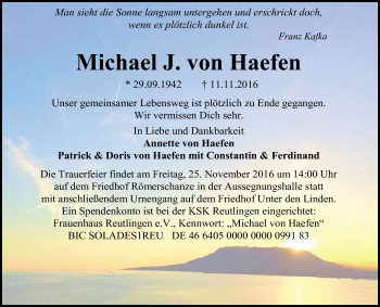 Anzeige von Michael J. von Haefen von Reutlinger Generalanzeiger