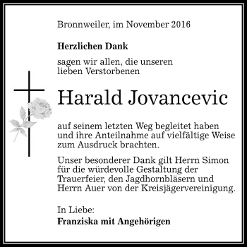 Anzeige von Harald Jovancevic von Reutlinger Generalanzeiger