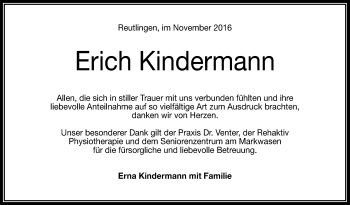 Anzeige von Erich Kindermann von Reutlinger Generalanzeiger