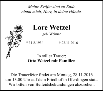 Anzeige von Lore Wetzel von Reutlinger Generalanzeiger