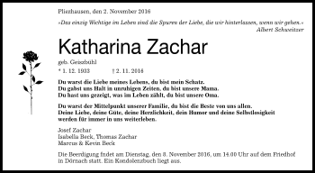 Anzeige von Katharina Zachar von Reutlinger Generalanzeiger