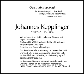 Anzeige von Johannes Kepplinger von Reutlinger Generalanzeiger