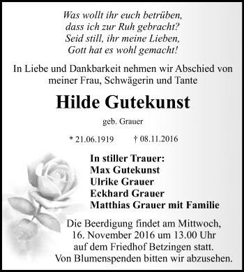 Anzeige von Hilde Gutekunst von Reutlinger Generalanzeiger