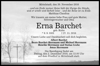 Anzeige von Erna Barchet von Reutlinger Generalanzeiger