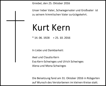 Anzeige von Kurt Kern von Reutlinger Generalanzeiger