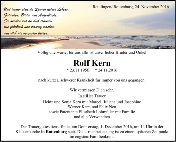 Anzeige von Rolf Kern von Reutlinger Generalanzeiger