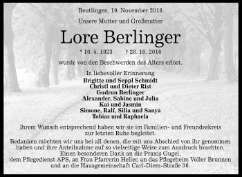 Anzeige von Lore Berlinger von Reutlinger Generalanzeiger