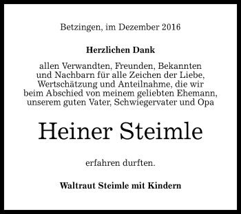 Anzeige von Heiner Steimle von Reutlinger Generalanzeiger