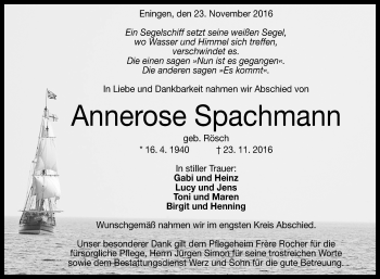 Anzeige von Annerose Spachmann von Reutlinger Generalanzeiger