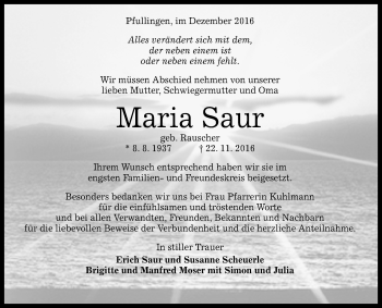 Anzeige von Maria Saur von Reutlinger Generalanzeiger