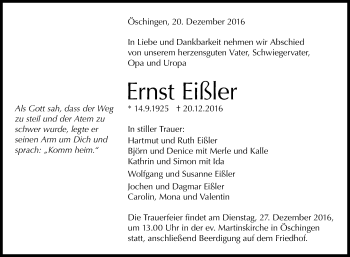 Anzeige von Ernst Eißler von Reutlinger Generalanzeiger