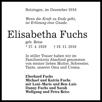 Anzeige von Elisabetha Fuchs von Reutlinger Generalanzeiger